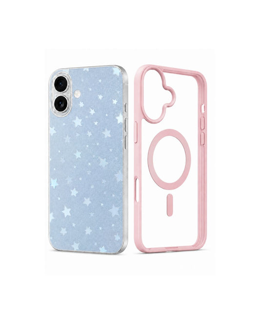 Transparente TPU iPhone 17 Hülle in Rosa oder schwarz mit matten Glitzer-Sternen-Muster, daneben rosafarbener MagSafe-Rahmen, weißer Hintergrund