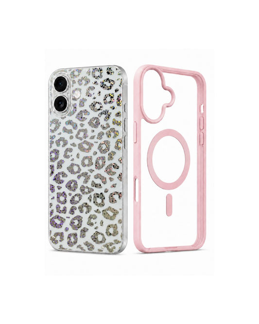 iPhone 17 Hülle + Rückseitenfolie Set Leopard Glitzer Holographisch | Schwarz & Rosa