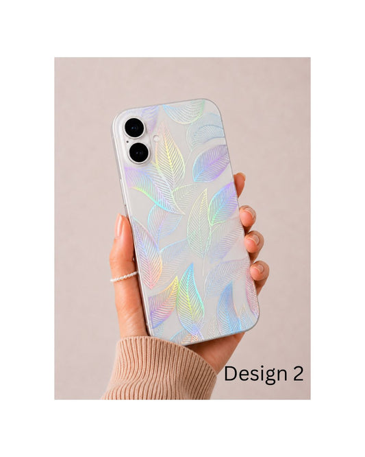 Holografische iPhone Skin mit großflächigen holografischen Fächerblättern auf der Rückseite – Felima Design Handyfolie iPhone 12 bis 17 Pro Max