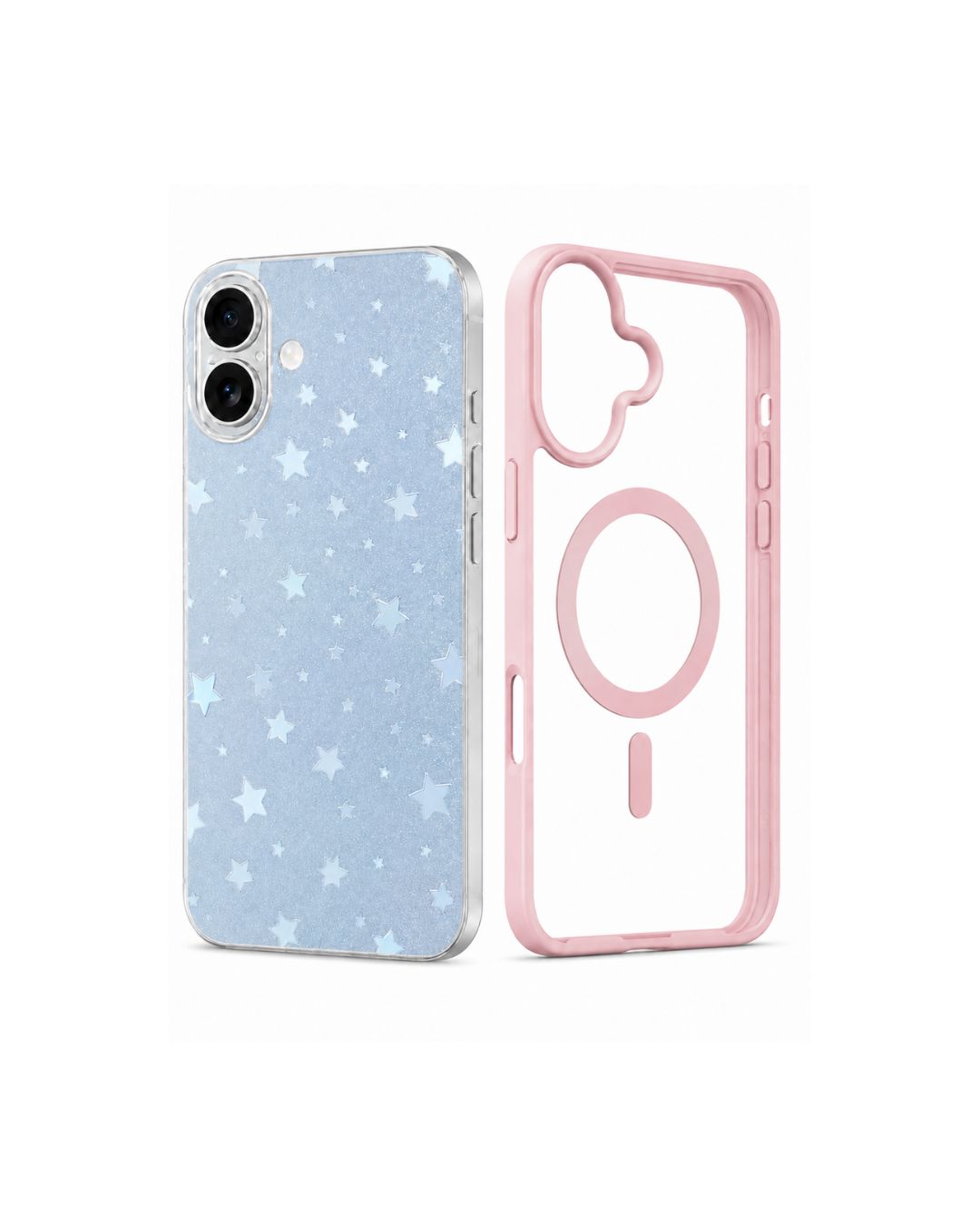 Transparente TPU iPhone 17 Hülle in Rosa oder schwarz mit matten Glitzer-Sternen-Muster, daneben rosafarbener MagSafe-Rahmen, weißer Hintergrund