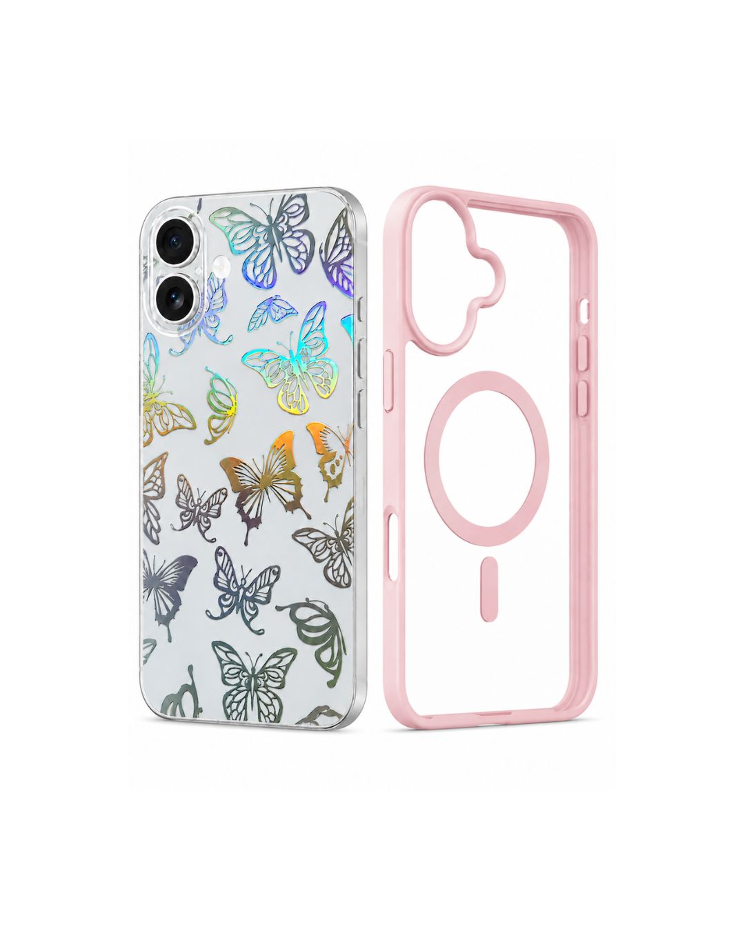 iPhone 17 Hülle + Rückseitenfolie Set – Holographische Schmetterlinge | Schwarz & Rosa