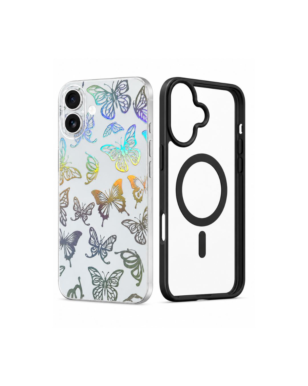 iPhone 17 Hülle + Rückseitenfolie Set – Holographische Schmetterlinge | Schwarz & Rosa