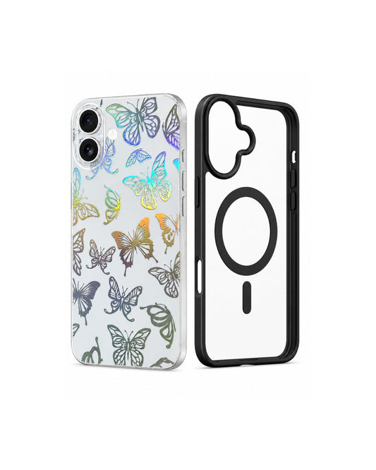 iPhone 17 Hülle + Rückseitenfolie Set – Holographische Schmetterlinge | Schwarz & Rosa
