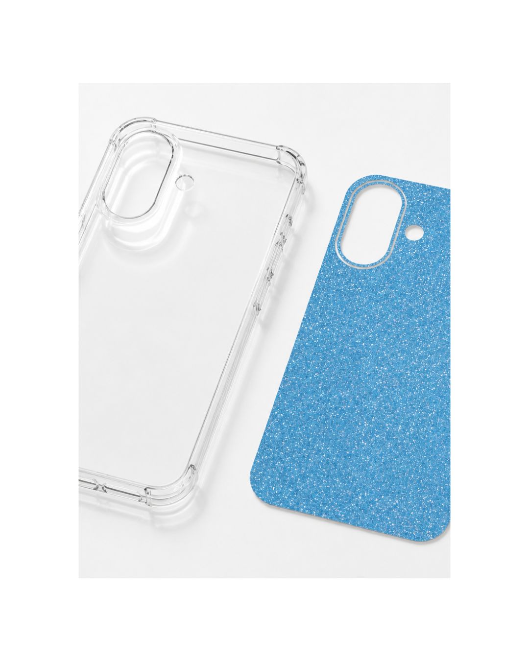 Transparente iPhone Hülle und Designfolie blau nebeneinander – Set-Ansicht Felima Design