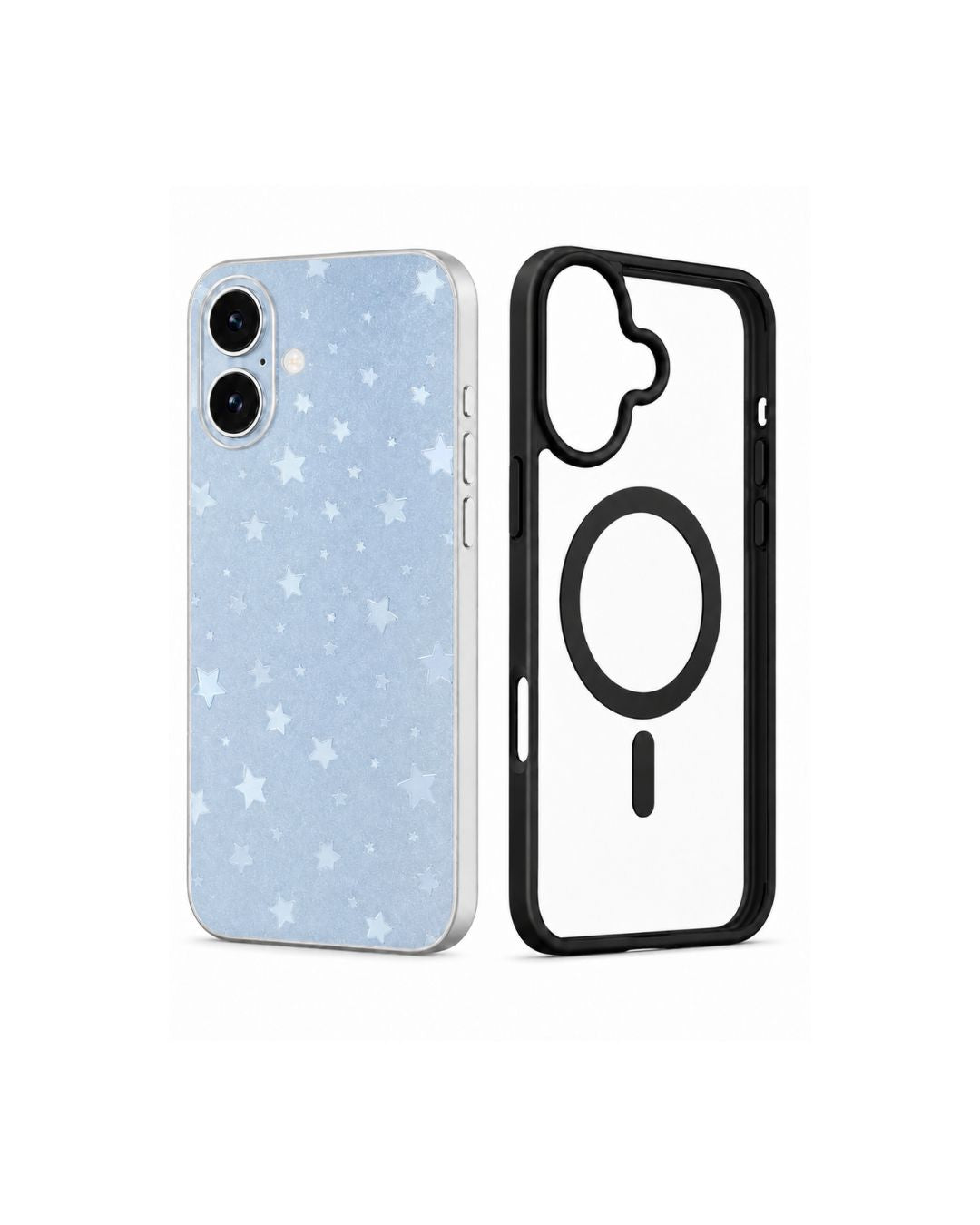 Transparente TPU iPhone 17 Hülle in Rosa oder schwarz mit matten Glitzer-Sternen-Muster, daneben rosafarbener MagSafe-Rahmen, weißer Hintergrund