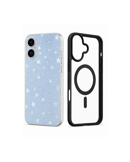 Transparente TPU iPhone 17 Hülle in Rosa oder schwarz mit matten Glitzer-Sternen-Muster, daneben rosafarbener MagSafe-Rahmen, weißer Hintergrund