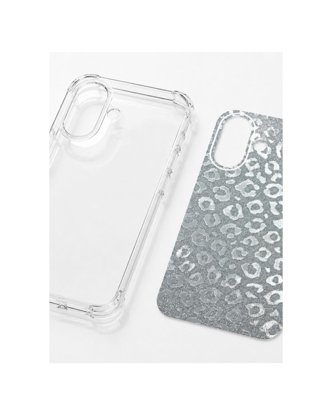 Transparente iPhone Hülle und Designfolie silber nebeneinander – Set-Ansicht Felima Design
