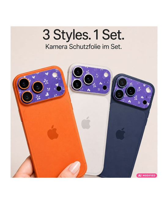 iPhone Kamera-Schutzfolie in Lila mit weißen Blüten, Ranken und Herzchen