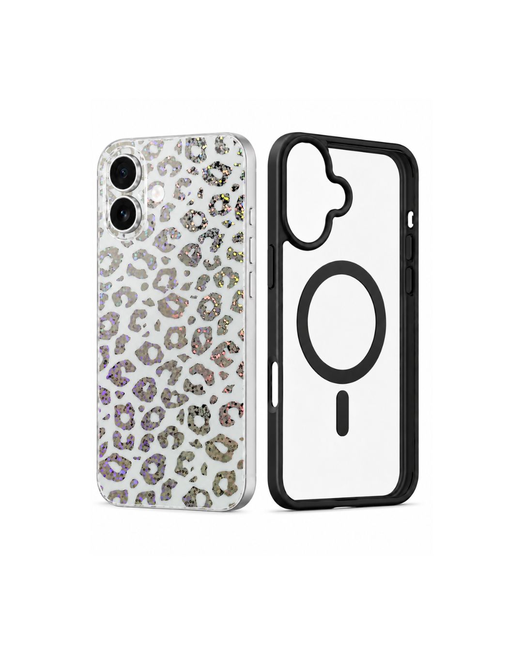 iPhone 17 Hülle + Rückseitenfolie Set  Leopard Glitzer Holographisch | Schwarz & Rosa