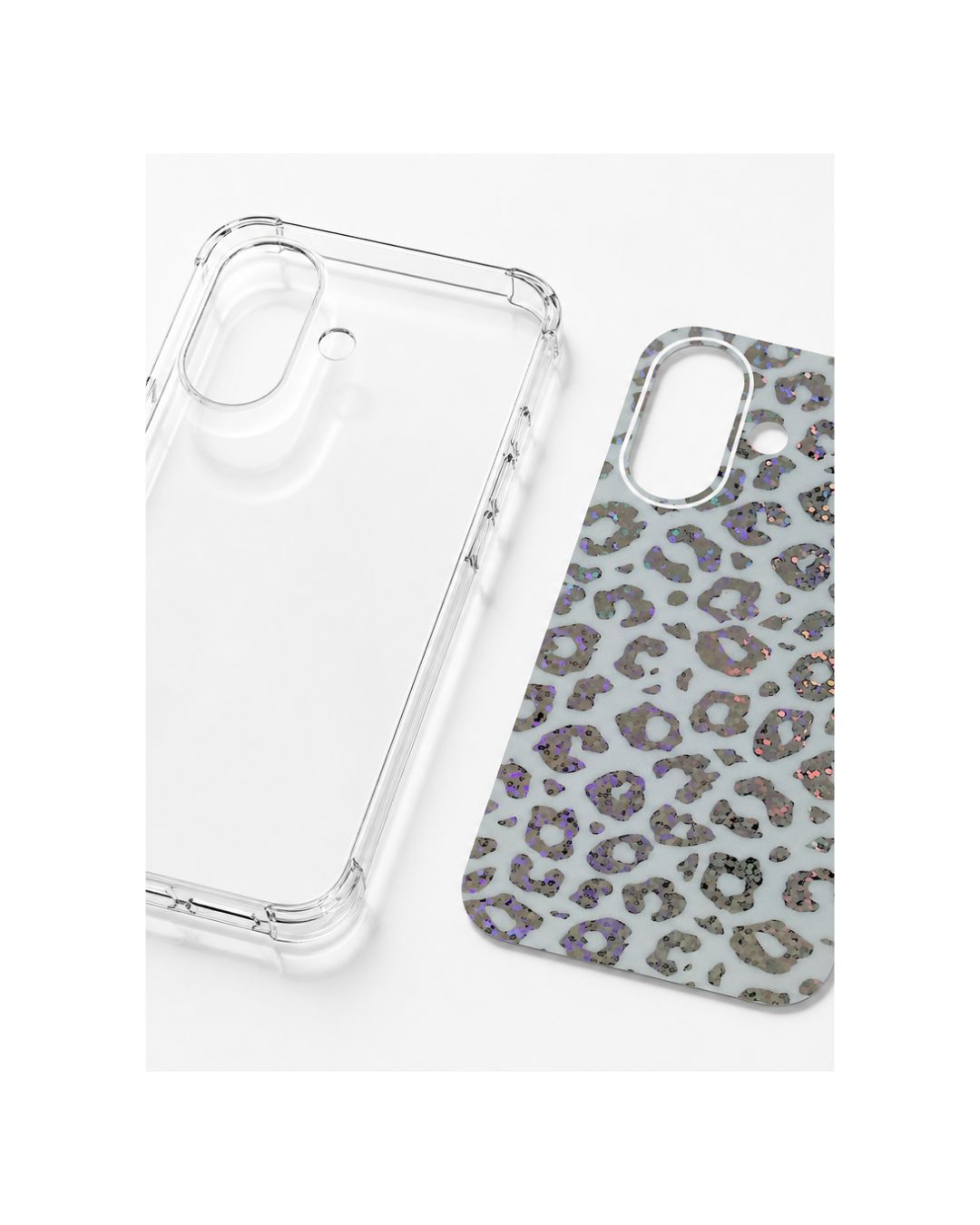 Transparente iPhone Hülle und Designfolie Leo nebeneinander – Set-Ansicht Felima Design