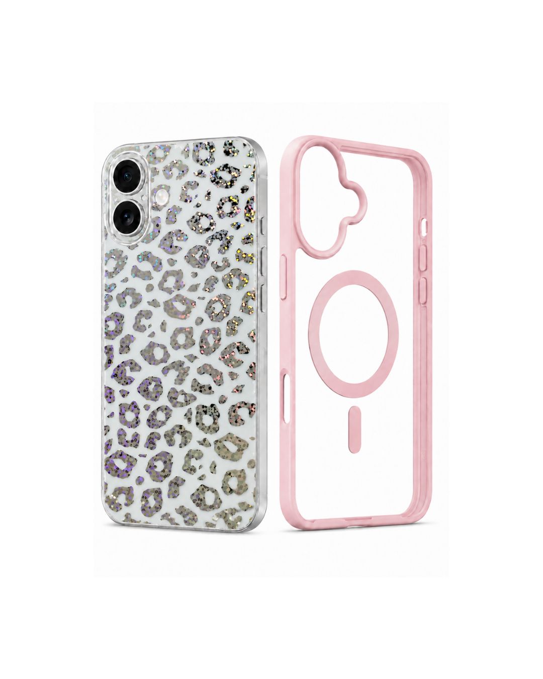 iPhone 17 Hülle + Rückseitenfolie Set  Leopard Glitzer Holographisch | Schwarz & Rosa