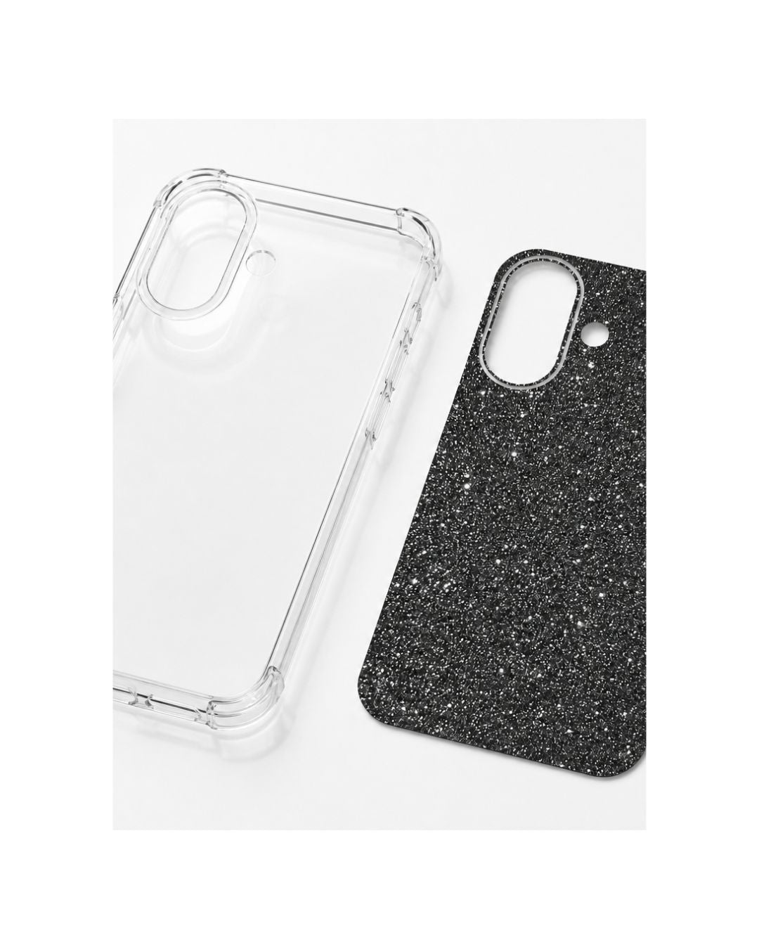 Transparente iPhone Hülle und Designfolie schwarz nebeneinander – Set-Ansicht Felima Design