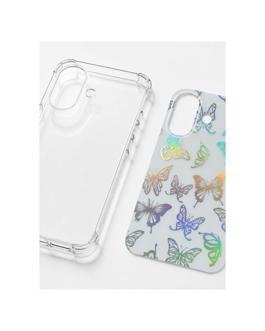Transparente iPhone Hülle und Designfolie butterfly nebeneinander – Set-Ansicht Felima Design