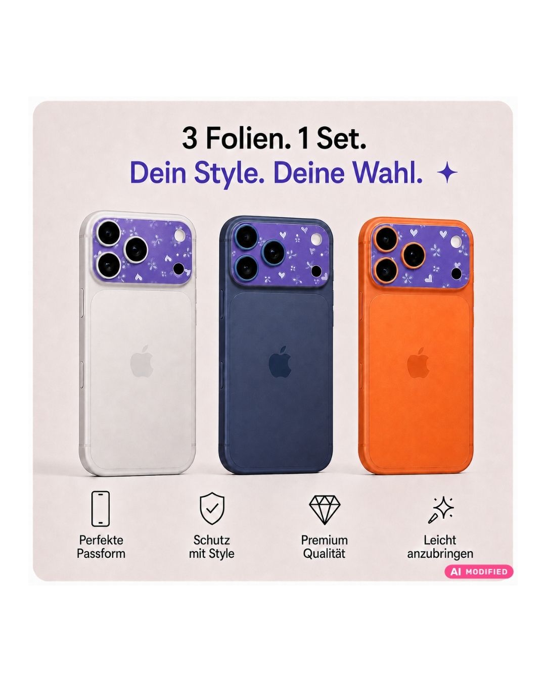 iPhone Kamera-Schutzfolie in Lila mit weißen Blüten, Ranken und Herzchen