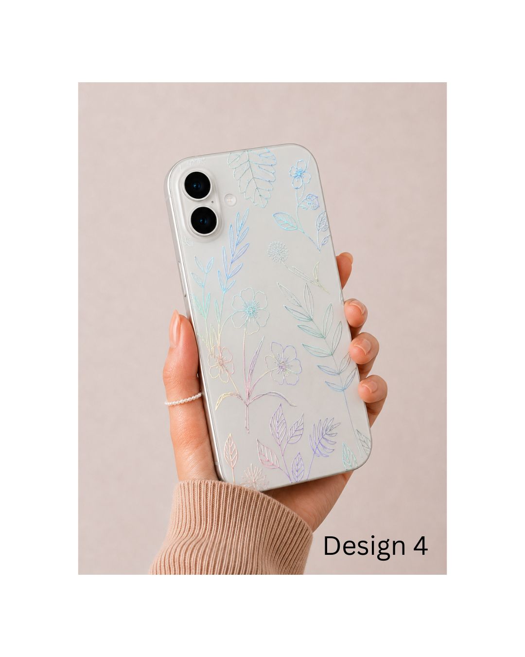 Holografische iPhone Folie Rückseite mit zarten Wildblumen und Kräuterzweigen in holografischem Pastellschimmer – Felima Design