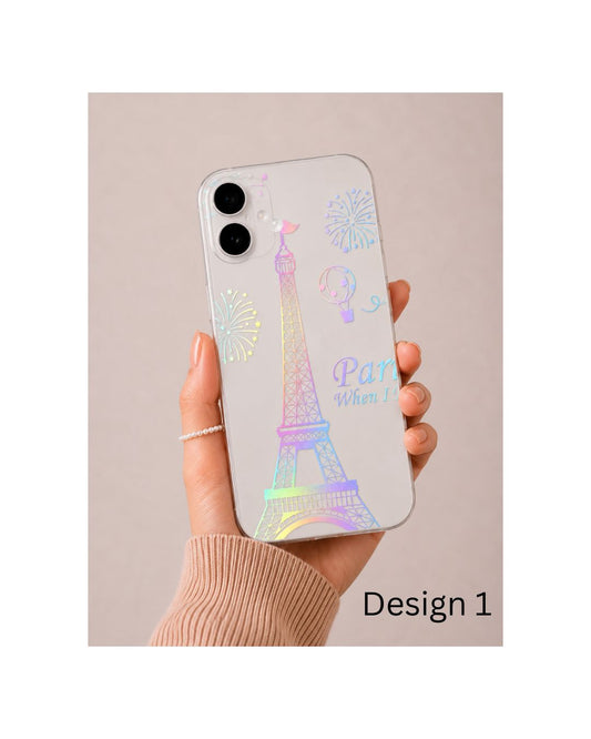  Holografische iPhone-Folie mit Eiffelturm, Heißluftballon und Feuerwerk in Regenbogenfarben