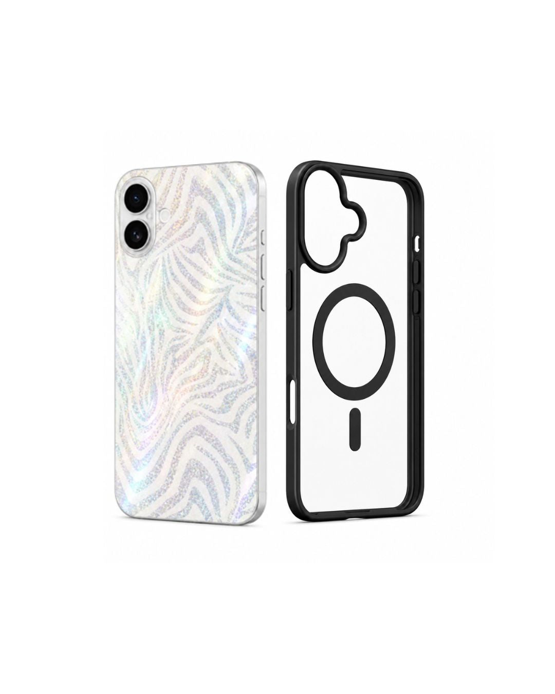 iPhone 17 Hülle + Rückseitenfolie Set – Zebra Glitzer Holographisch | Schwarz & Rosa