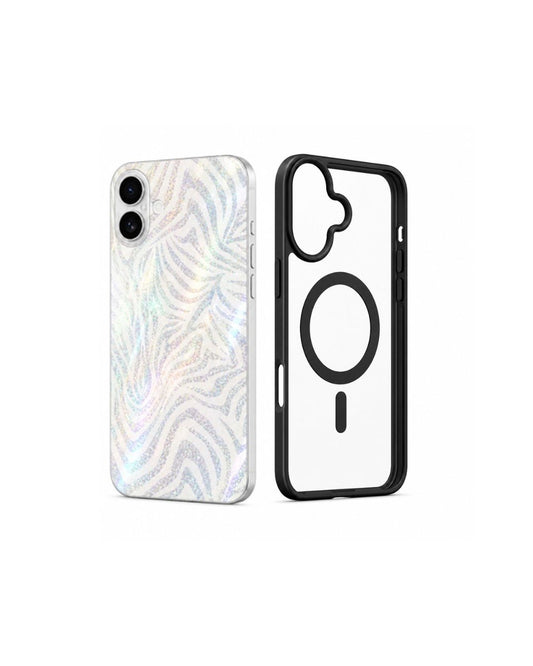 iPhone 17 Hülle + Rückseitenfolie Set – Zebra Glitzer Holographisch | Schwarz & Rosa