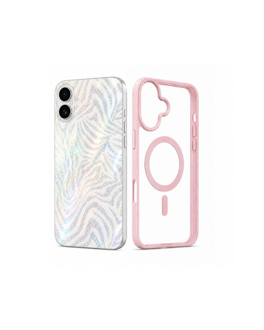 iPhone 17 Hülle + Rückseitenfolie Set – Zebra Glitzer Holographisch | Schwarz & Rosa