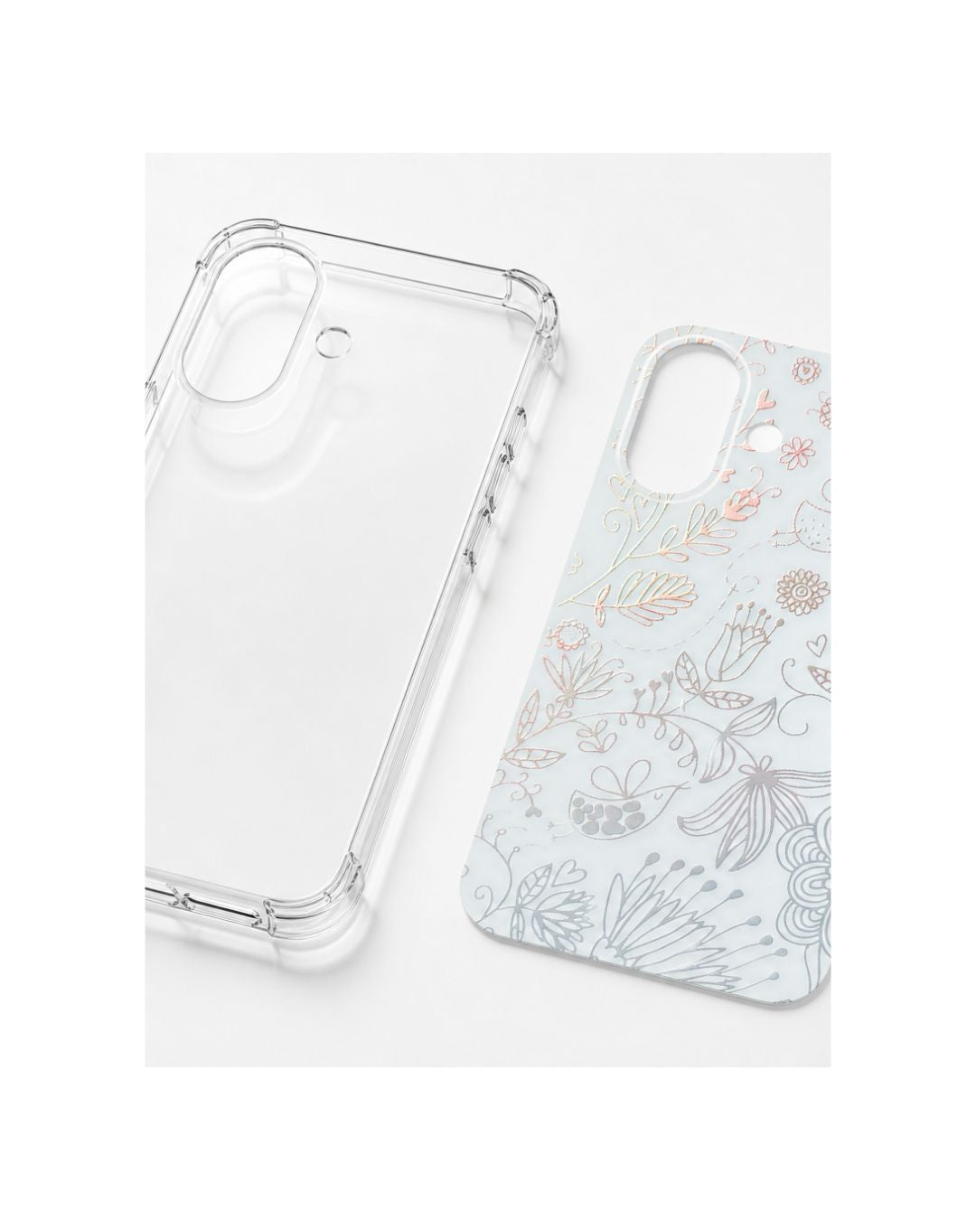Transparente iPhone Hülle und Designfolie birdie nebeneinander – Set-Ansicht Felima Design