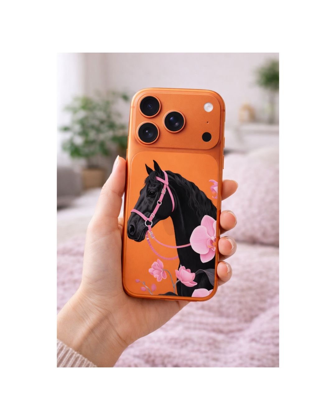 Handyfolie für die Rückseite schwarzes Pferd & Blüten